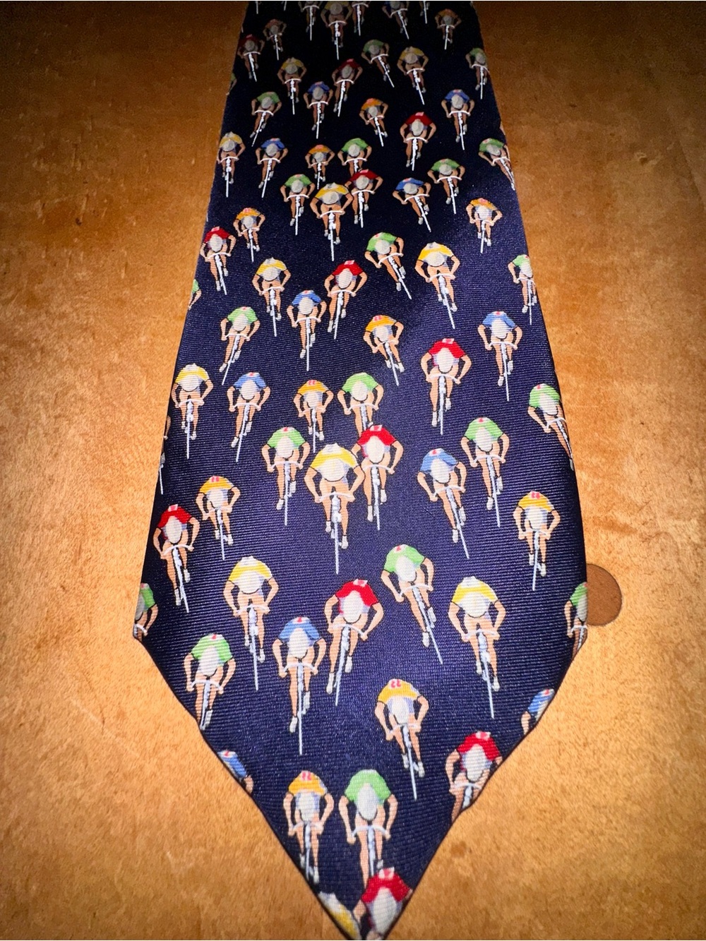 Allyn Bike Racing tie navy w/multicolor cyclists like new vintage